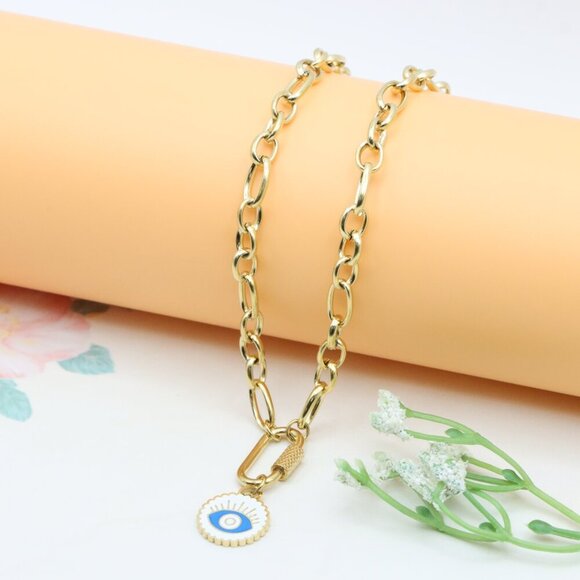 Chunky Gold Link Necklace with Eye Charm – Bold Yellow Jewelry, XPNL0368 - Picture 7 of 12